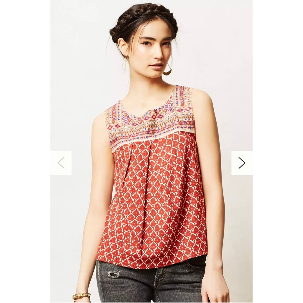Akemi + Kin Anthropologie Eivy Tank Red Embroidered Mirror Work Cotton Medium